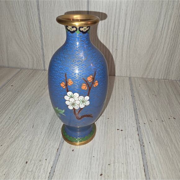 Vtg Floral Cloisonne Vase Chinese Brass Enamel Blue Victorian Hollywood Regency - Picture 6 of 9